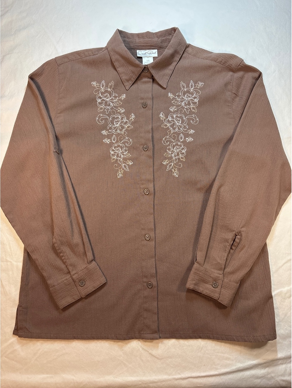 Carol Reed Women L Brown Embroidered Floral Button Up Y2K
